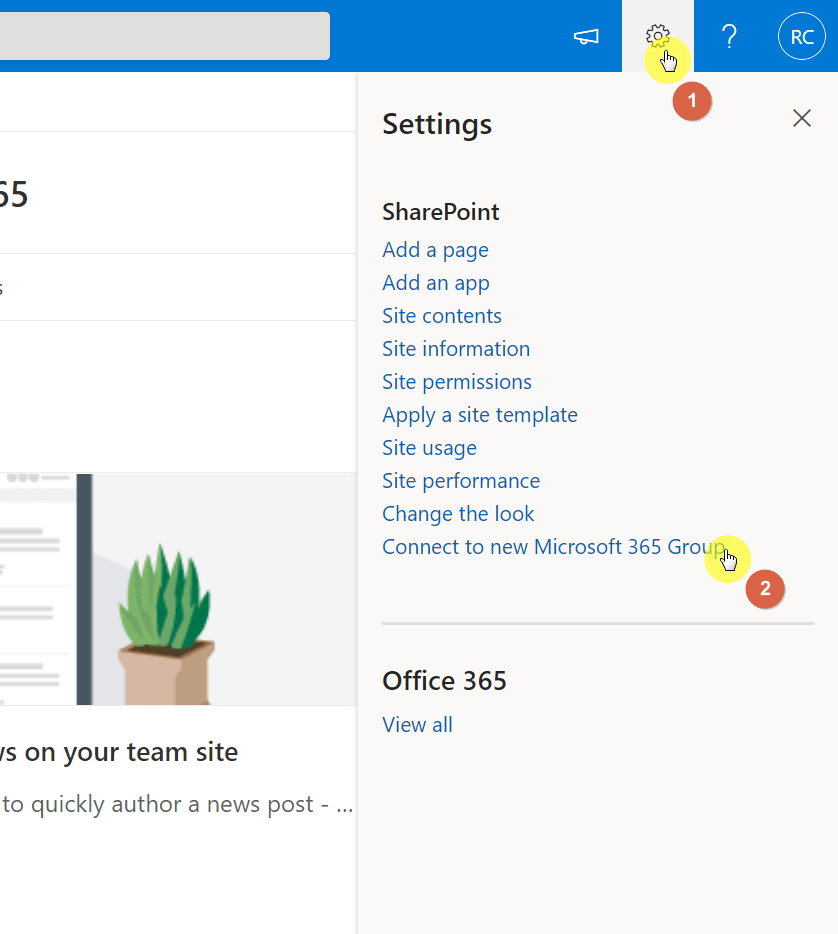Click the connect to new Microsoft 365 group button