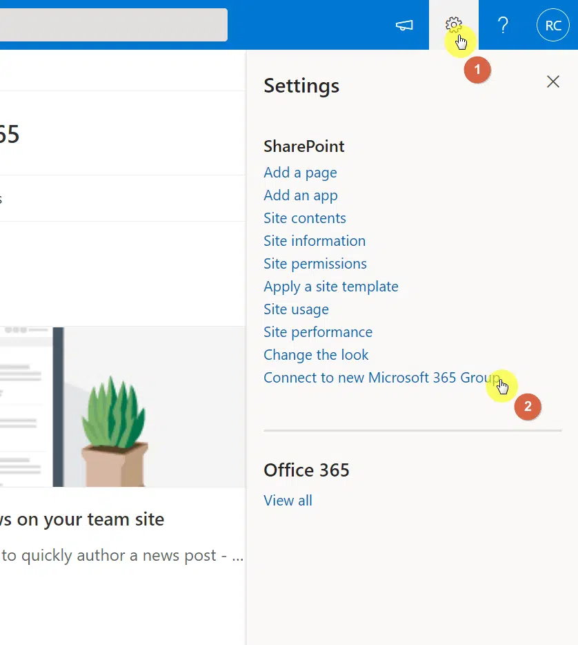 Click the connect to new Microsoft 365 group button