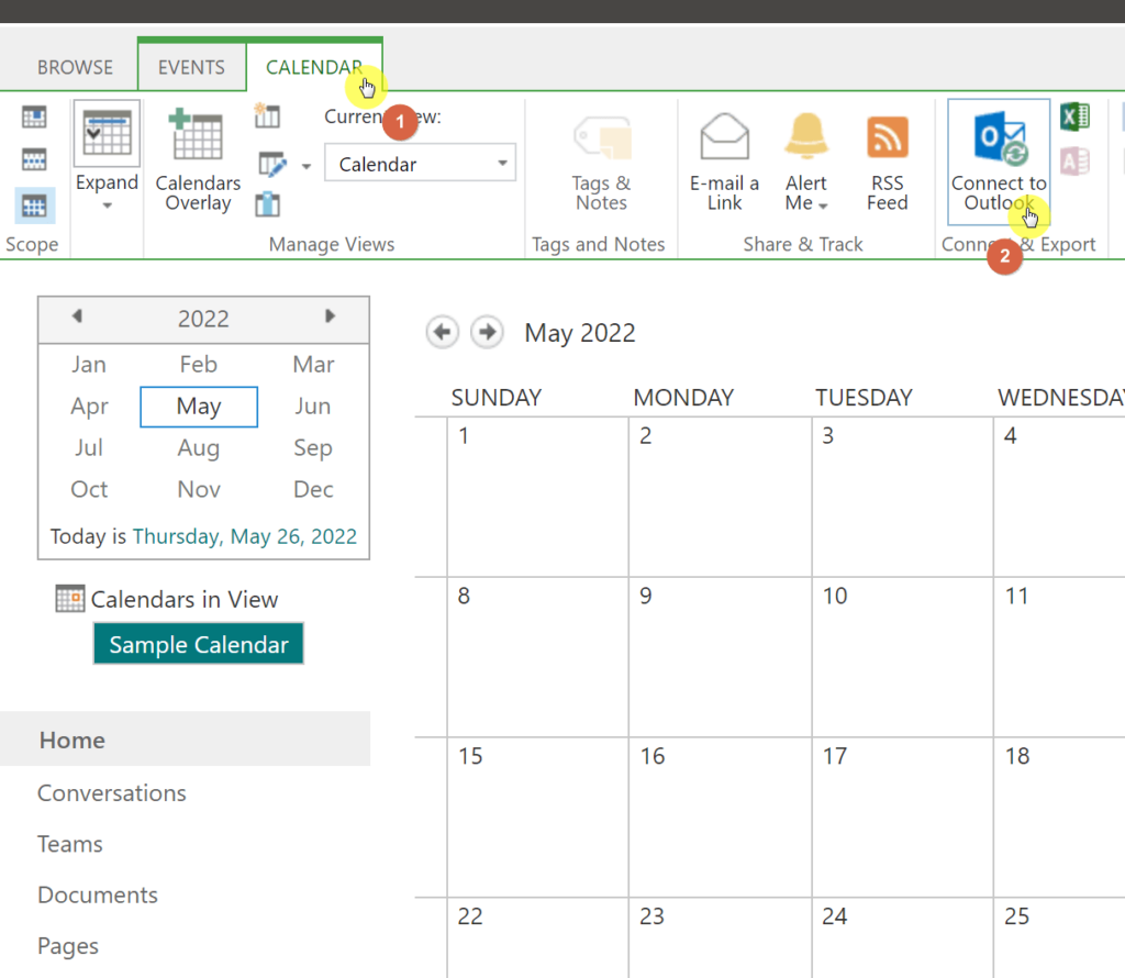 Click the connect to Outlook button in the ribbon