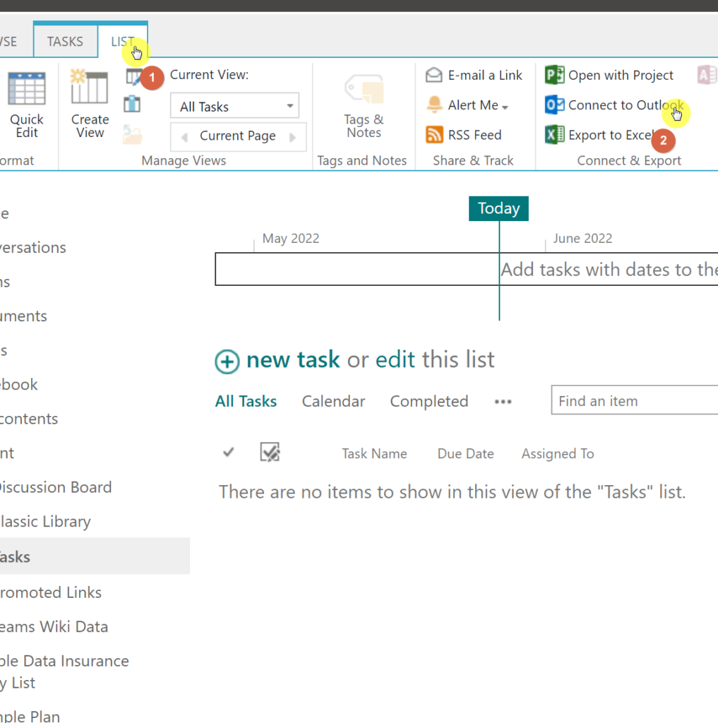 Click the connect to Outlook button in a list to start the integration