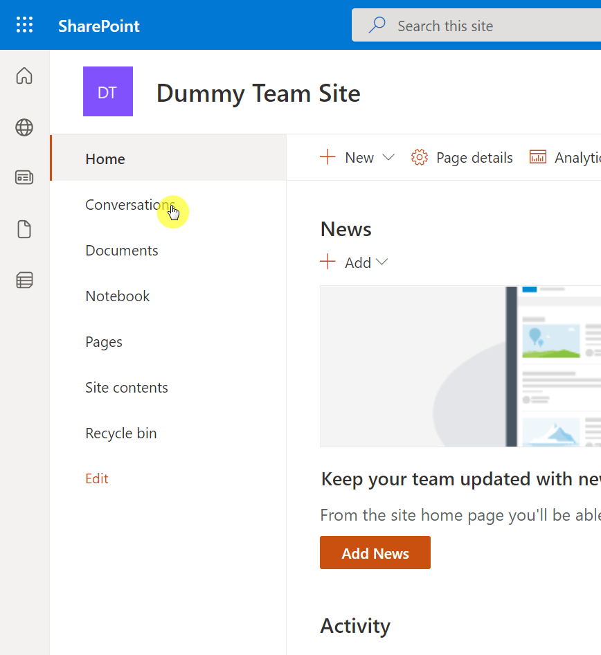 Click the conversations button from a team site's home page
