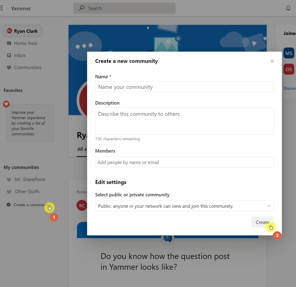 Click the create a community button in the left panel