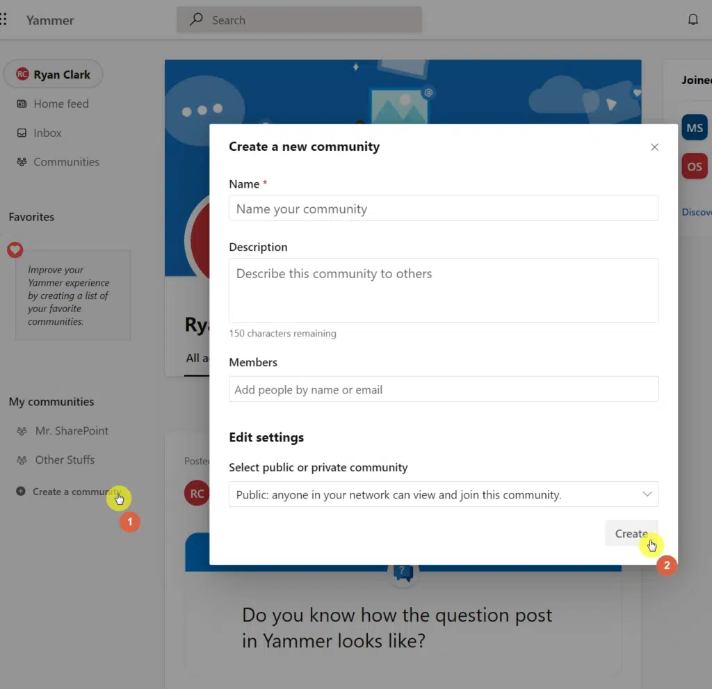 Click the create a community button in the left panel