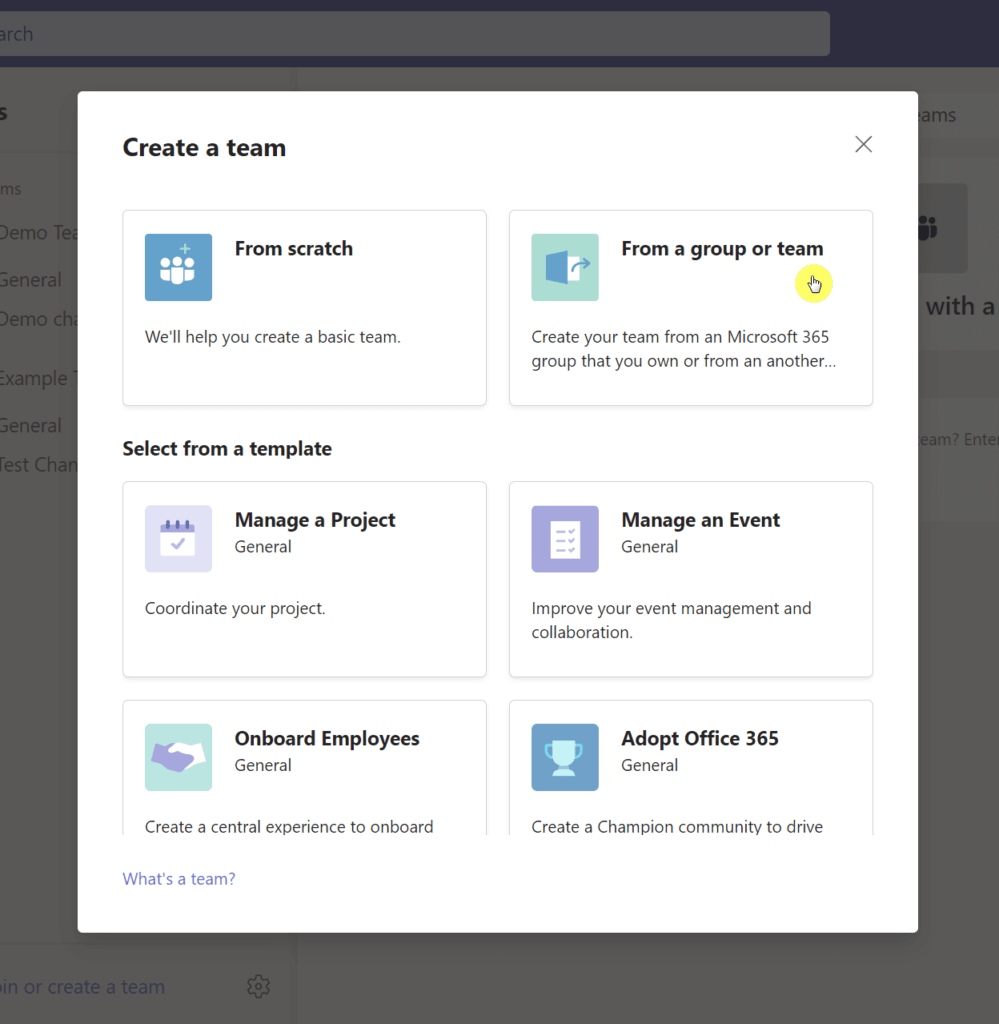 Click the from a group or team option when creating a new Microsoft Team