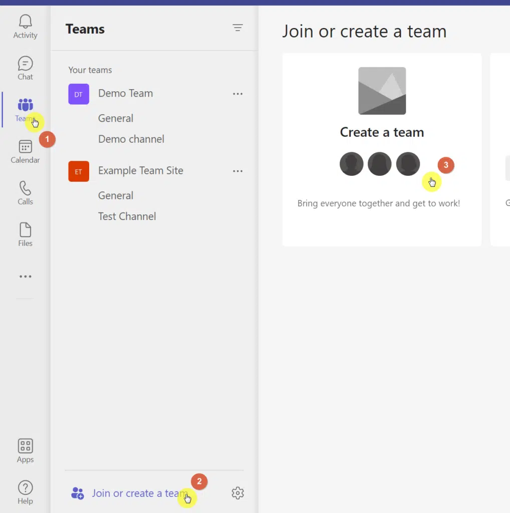 Go the teams tab first and create a new Microsoft Team from there