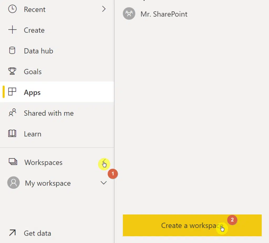 Click the create a workspace in Power BI