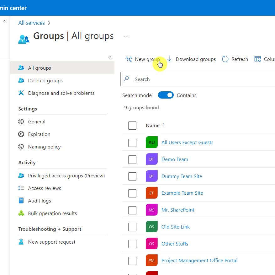Click the new group button in Azure Directory
