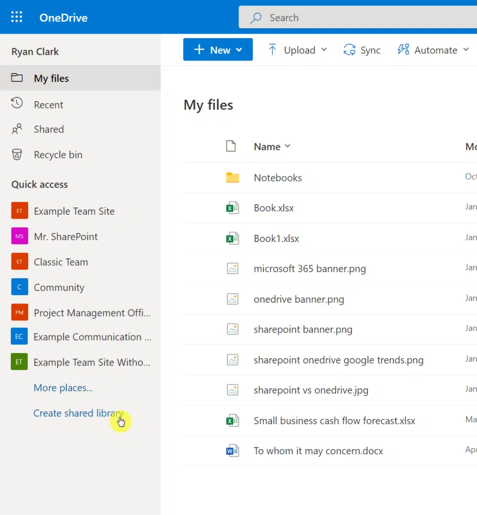Click the create shared library button in OneDrive