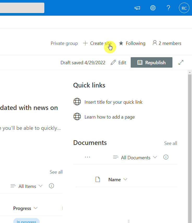 Click the create site button on the right side of the home page