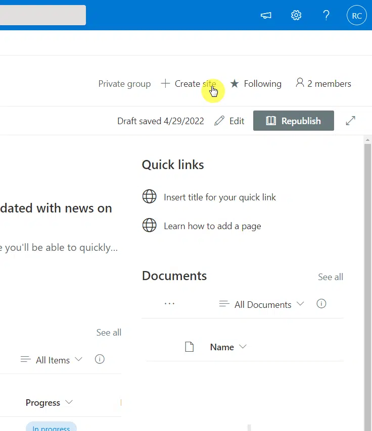 Click the create site button on the right side of the home page