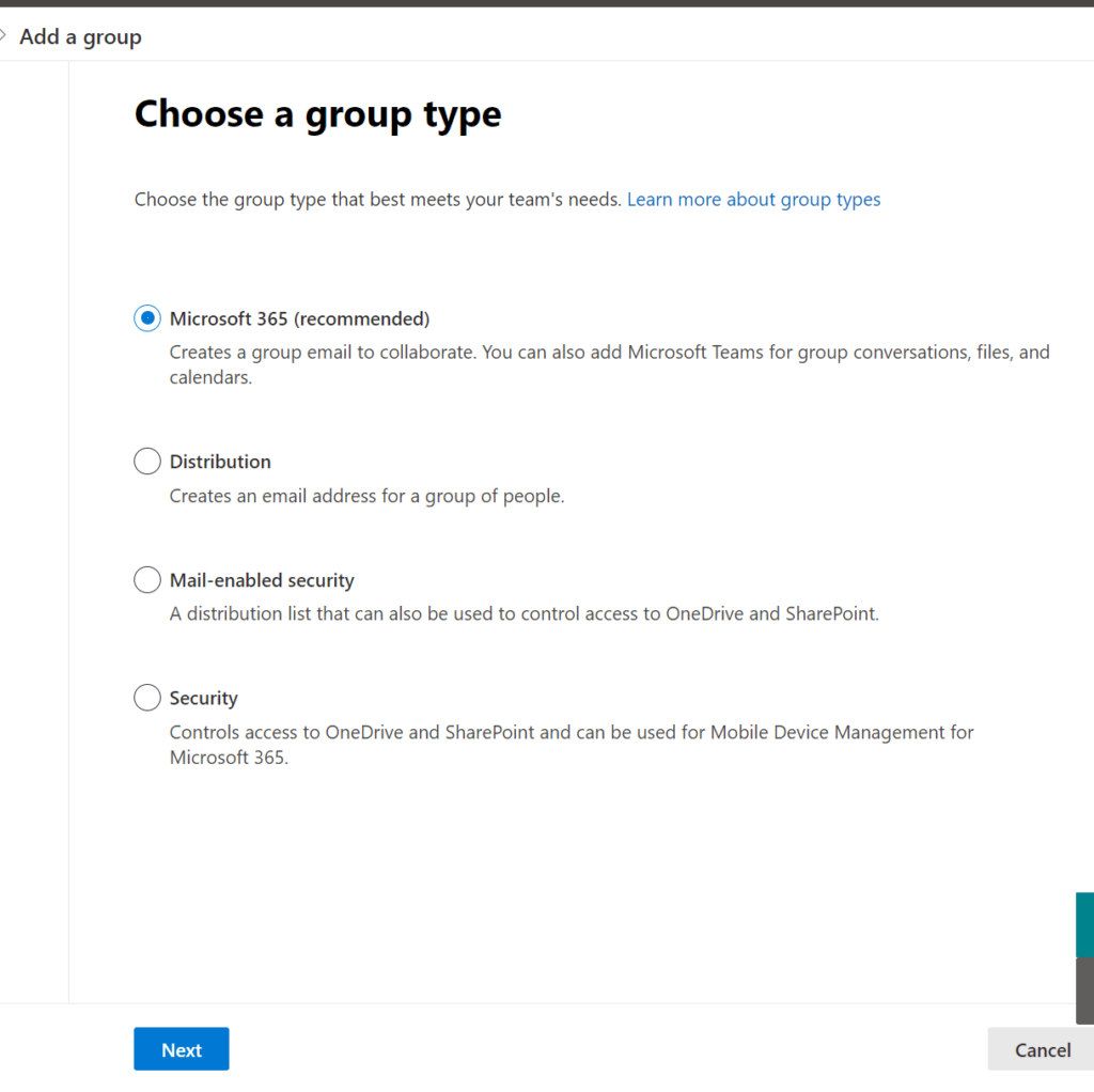 Process of creating an Office 365 group in the admin center