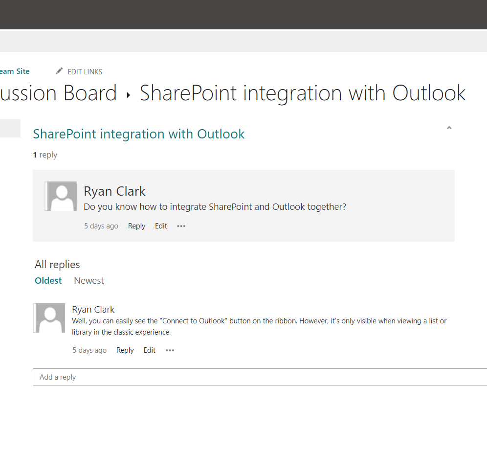 Preview of a discussion board on a team site