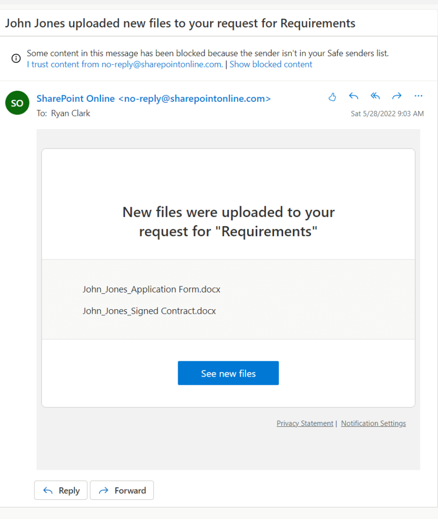 The system sends an email to the sender that new files are uploaded