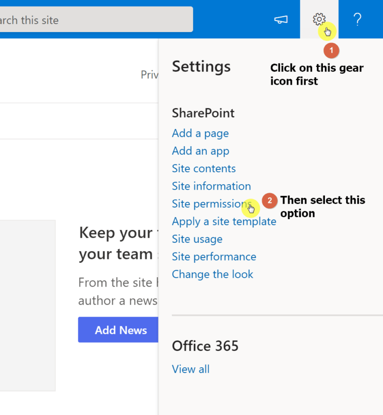 Click the gear icon and select site permissions