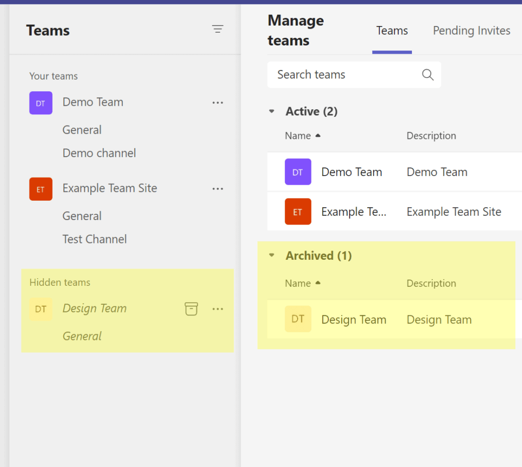 The team becomes hidden and shown in archived