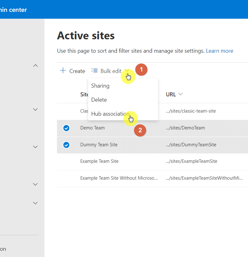 Select the hub association option after the bulk edit button