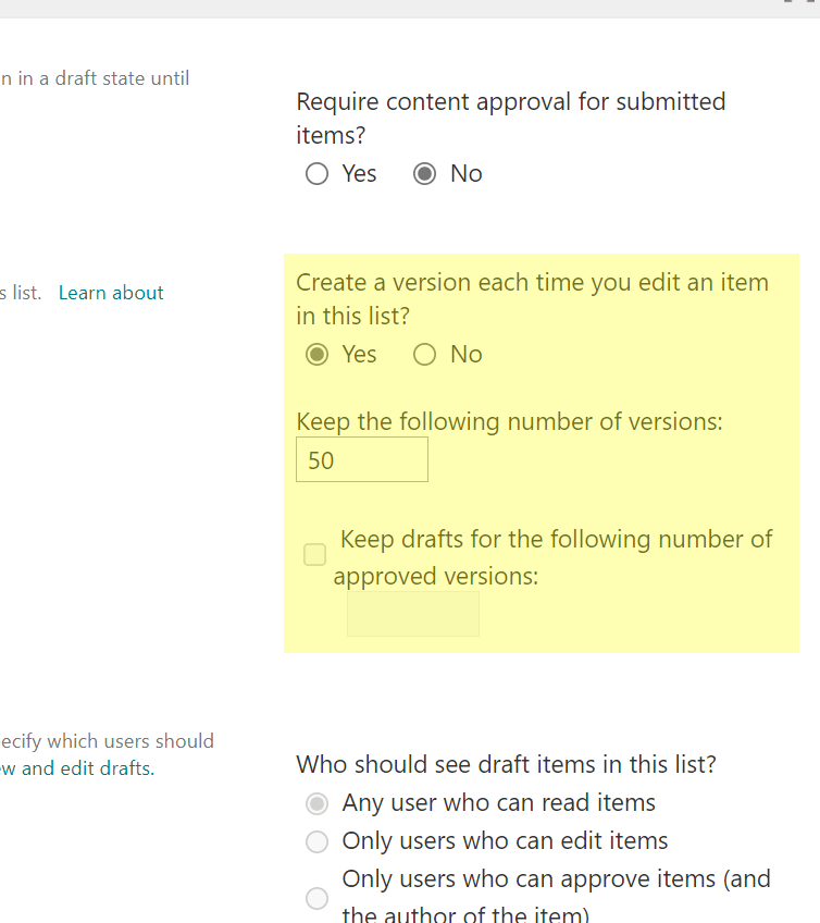 In lists, you can opt out of version history