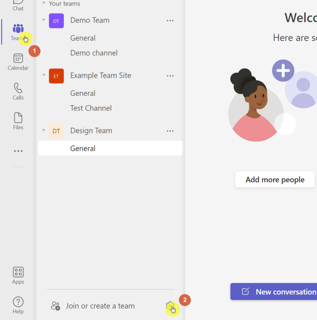 Click the manage teams gear icon on the teams tab in the app