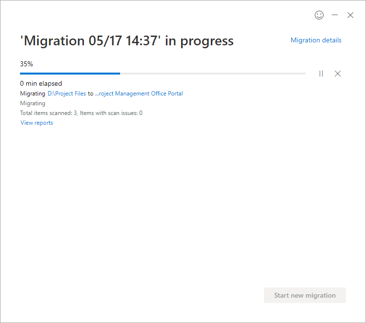 SharePoint migration in progress with 3 items scanned