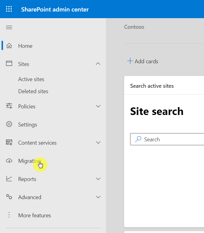 Click the migration menu from the SharePoint admin center