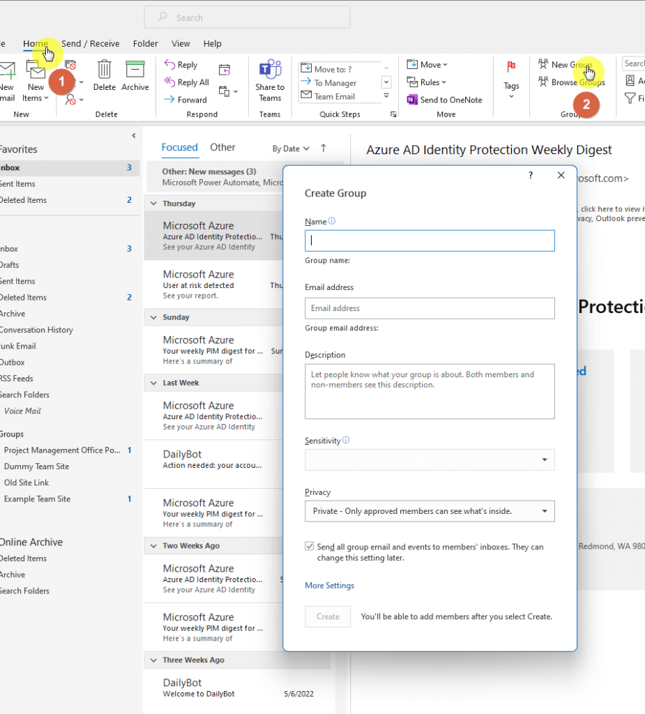 Click the new group button in the home tab in Outlook desktop