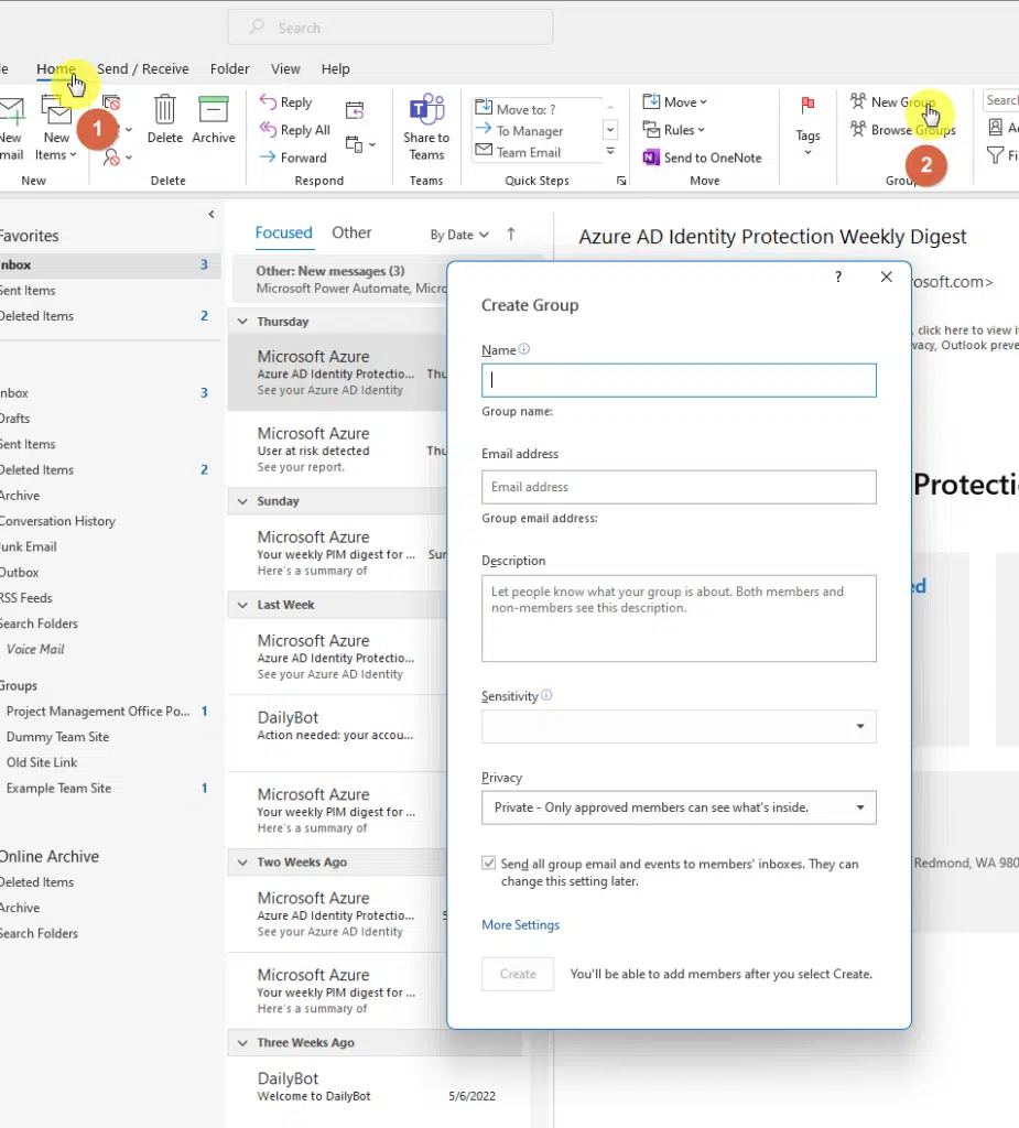 Click the new group button in the home tab in Outlook desktop
