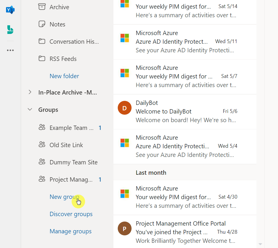 Click the new group button in the focus zone of Outlook Online