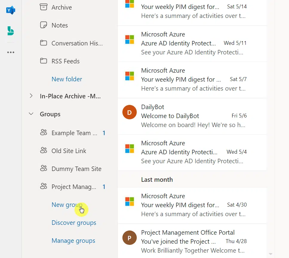 Click the new group button in the focus zone of Outlook Online