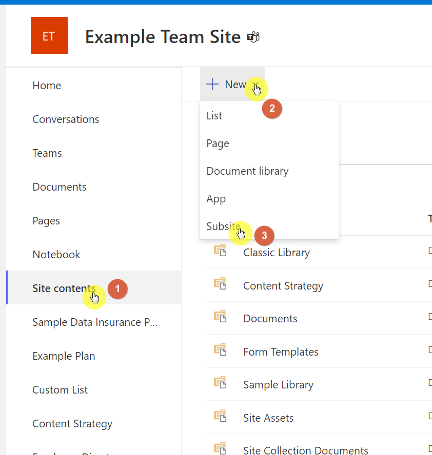 Create a new subsite from the site contents page