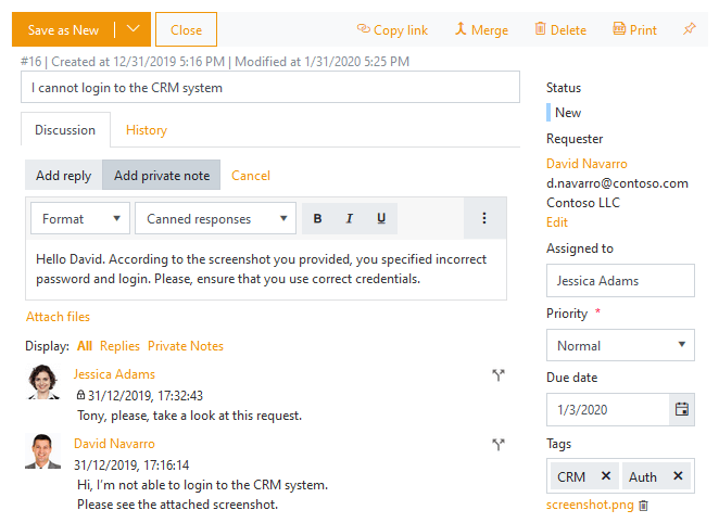 An email support ticket interface shows a user reporting a login issue with the CRM system. A colleague responds, and another user attaches a screenshot as part of troubleshooting. Various ticket details are visible on the right.