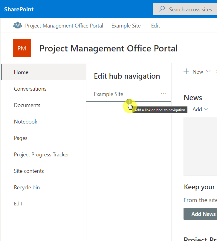Add a link or label to navigation with the plus button