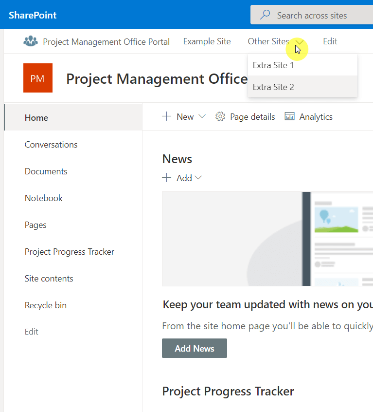 How the dropdown hub navigation looks like in the front-end