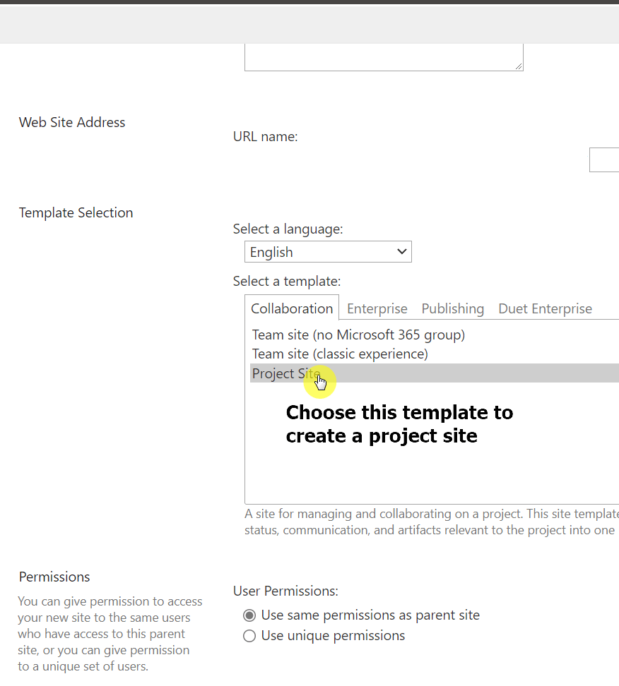 Select the project site template to start your site creation