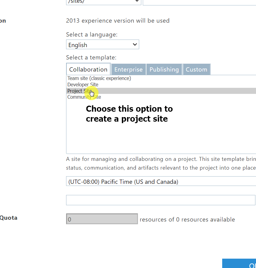Select the project site template to start your site creation