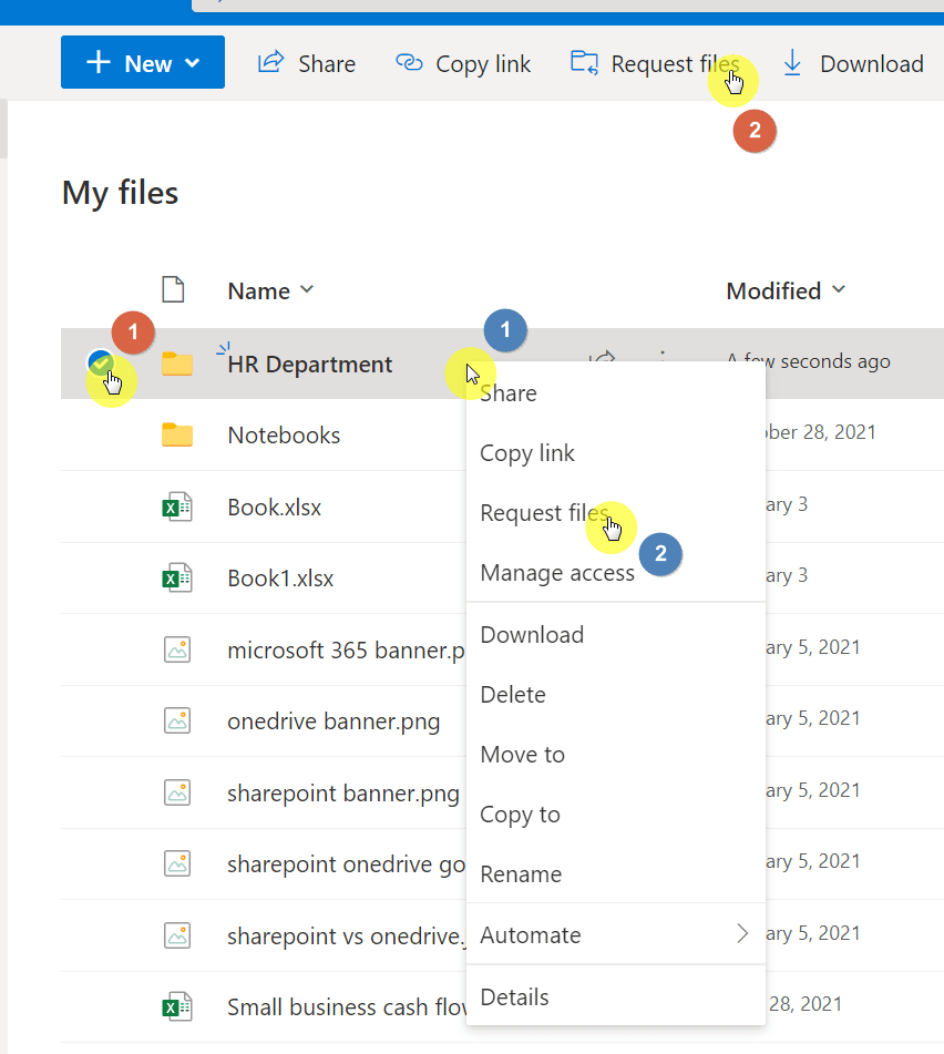 Click the request files button on a folder in OneDrive