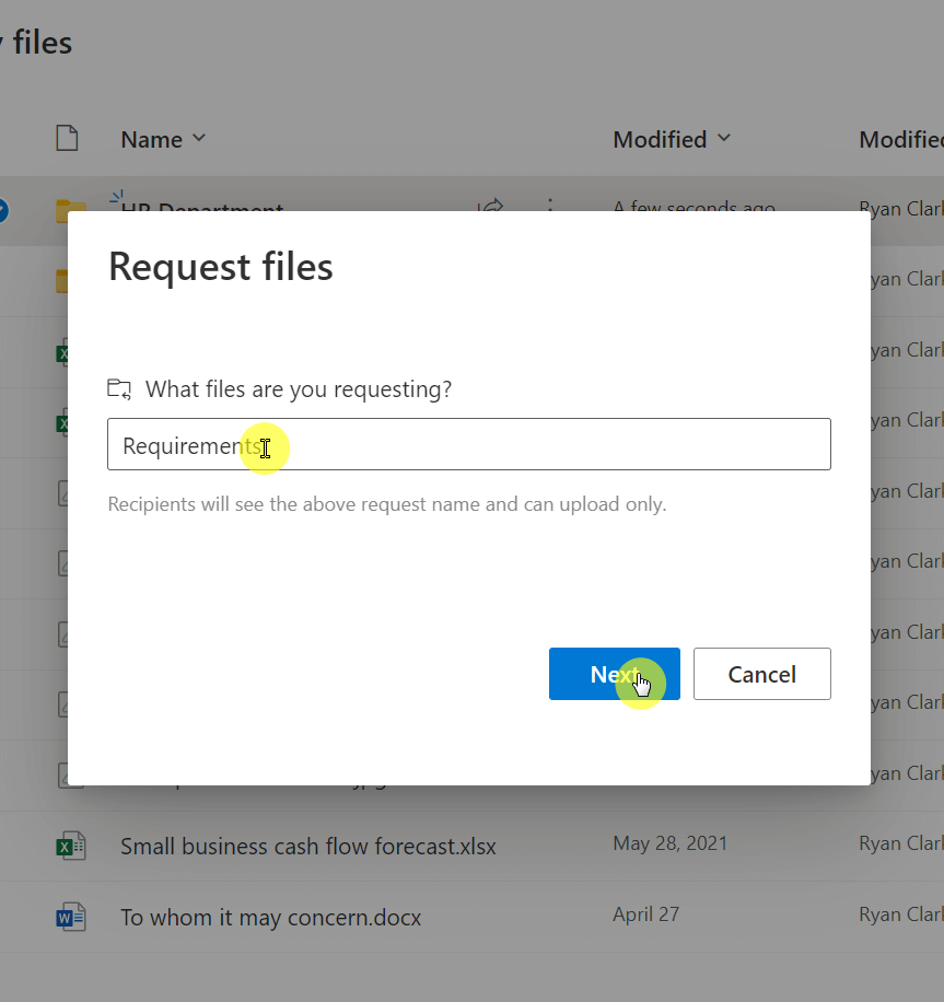 Name the files you're requesting from the recipient