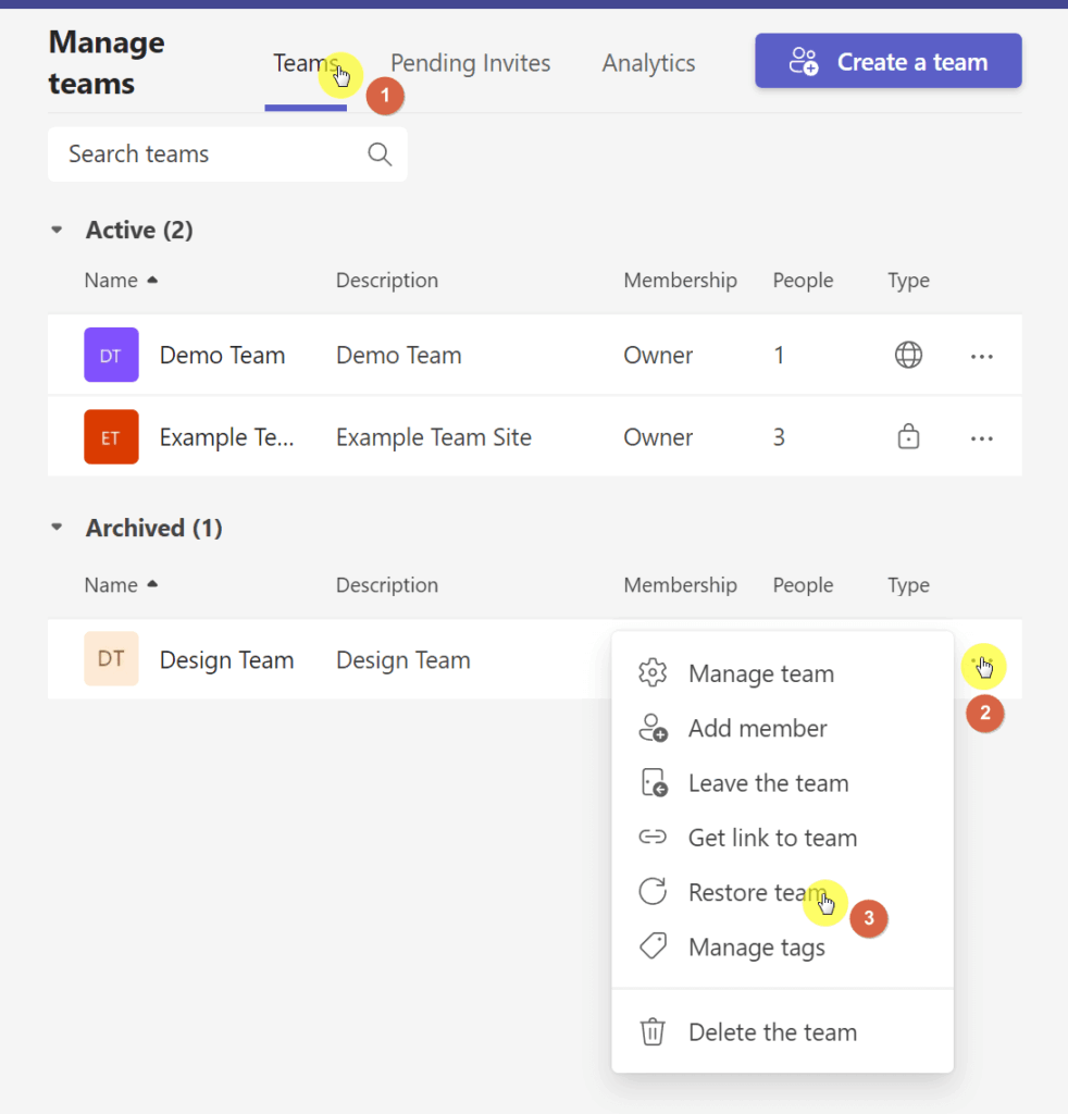 Click the restore team button in the manage teams page