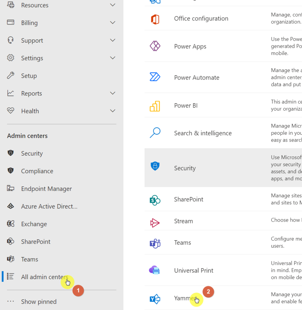Find Yammer from the all admin centers page