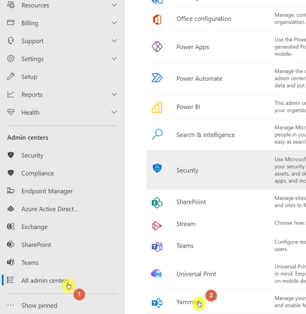 Find Yammer from the all admin centers page