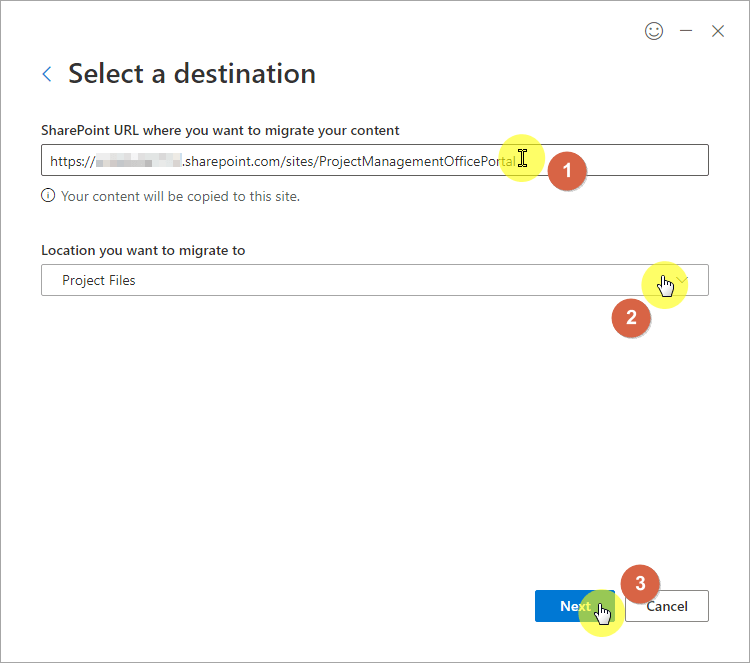 Enter the SharePoint site URL and the location to migrate the files to