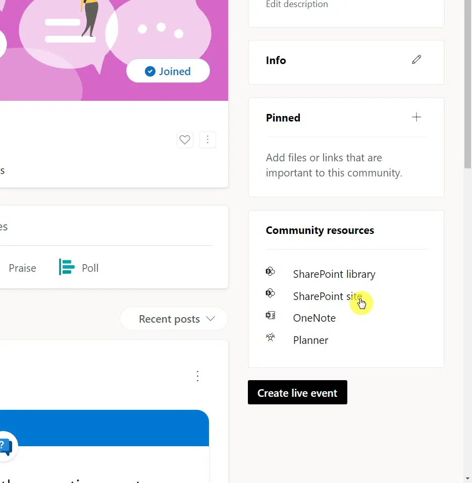 Click the SharePoint site button to visit the community's SharePoint site