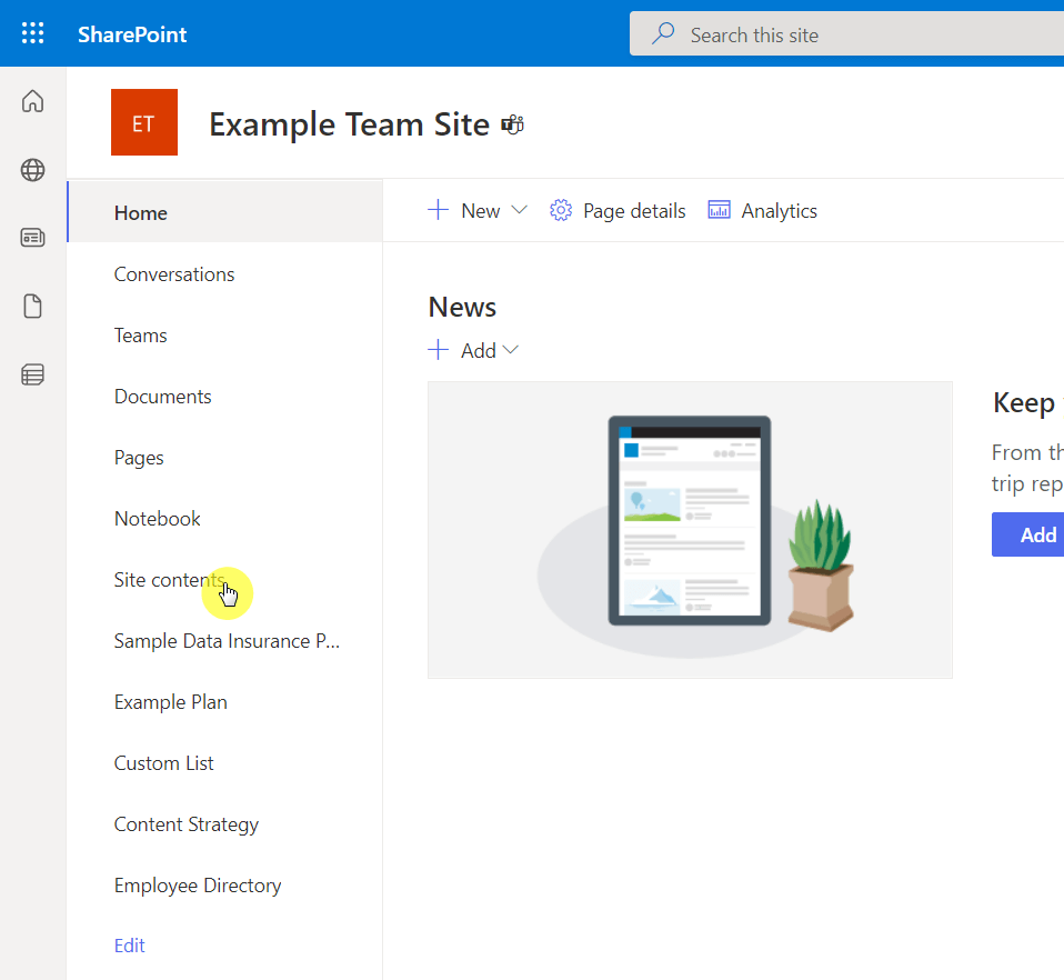 Click the site contents link from the quick navigation panel