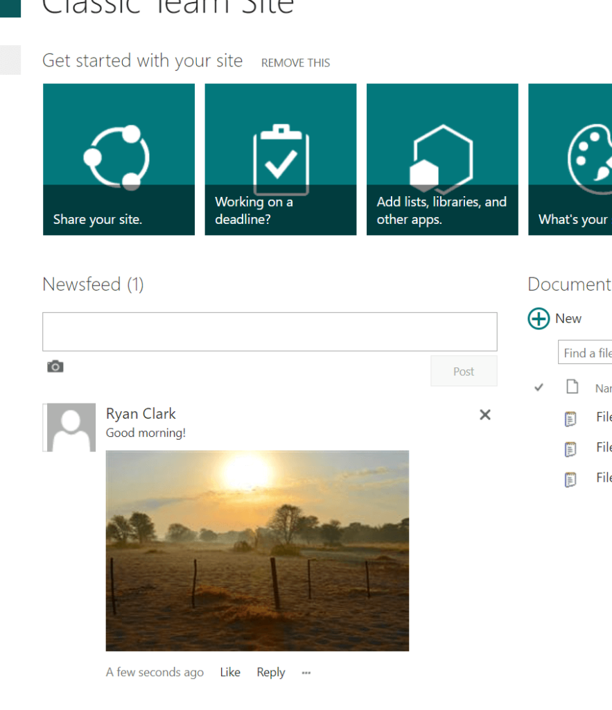 Preview of how a newsfeed or site feed looks like in a classic team site