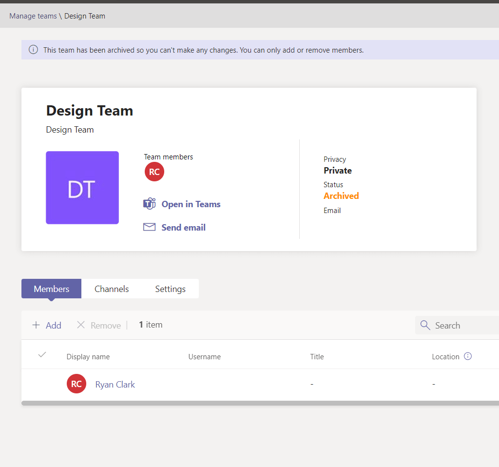 Status of the team is now archived in the Microsoft Teams admin center