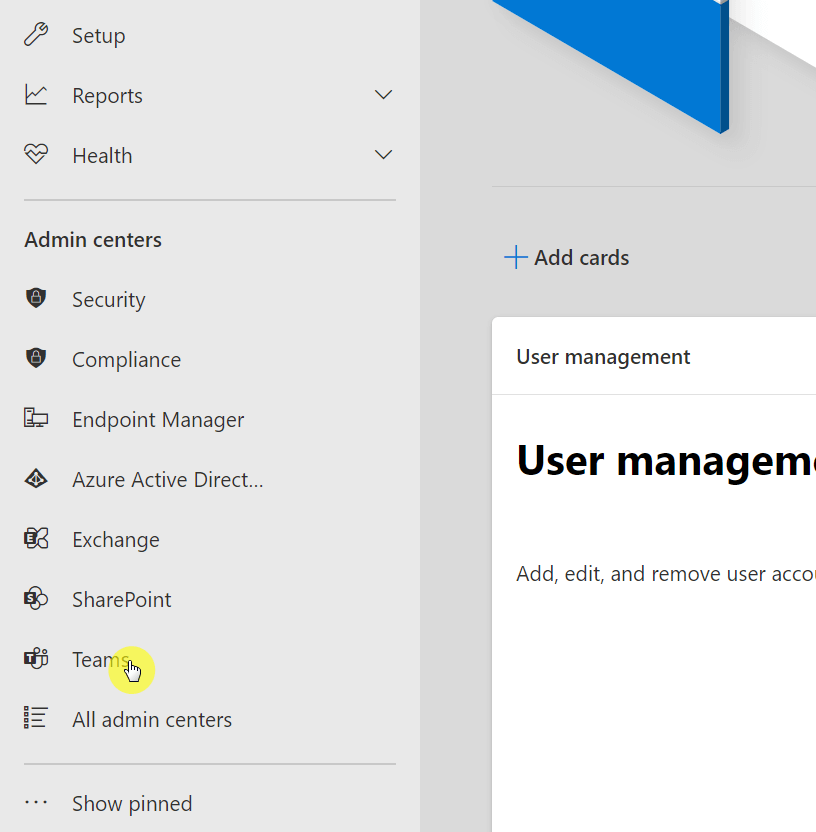 Select the teams option in the list of admin centers