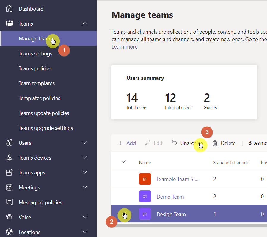 Click the unarchive button from the command bar in the admin center