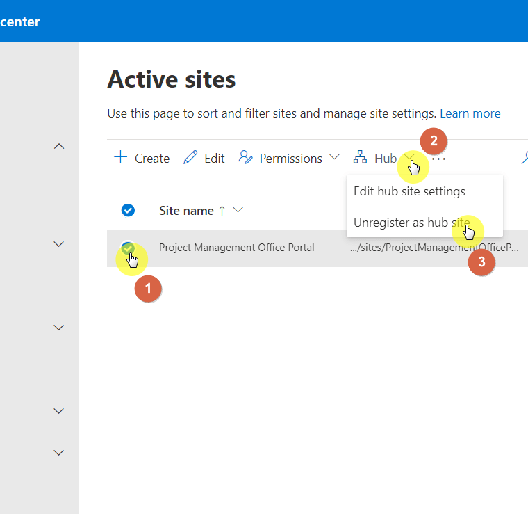 Unregister the current hub site from the admin center
