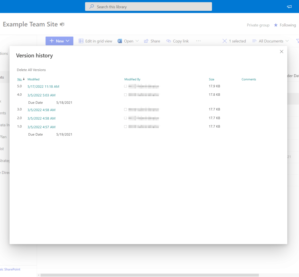 See the complete version history of a document in a document library