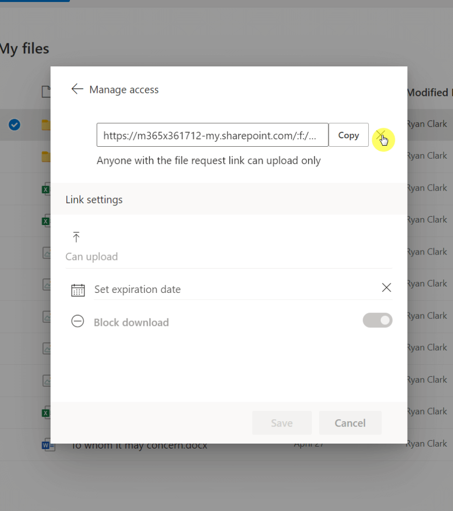 Click the x or delete button of the access link to delete