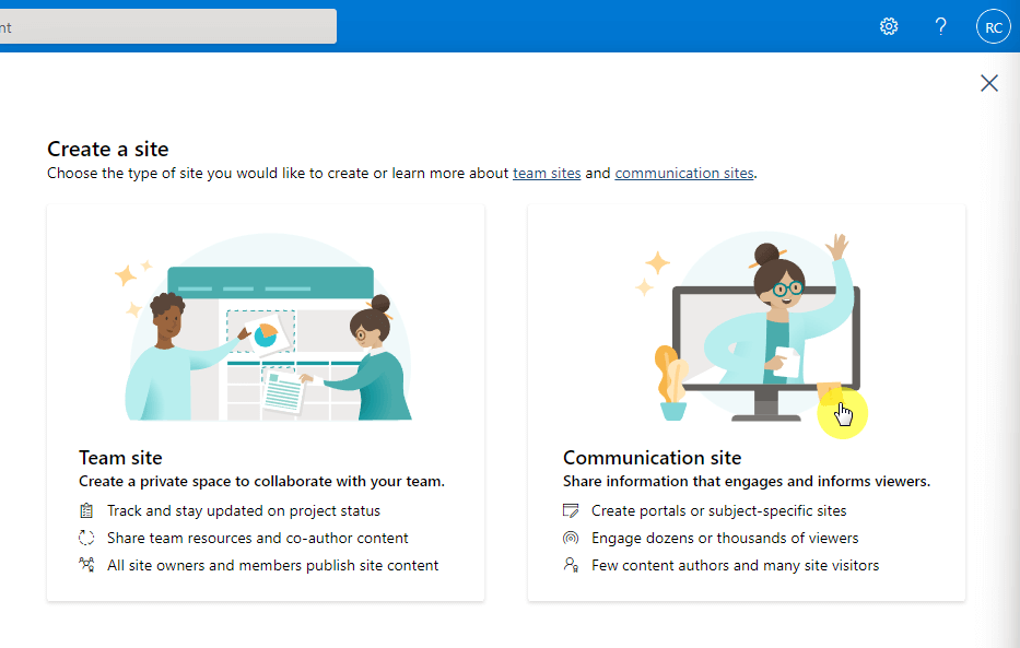 Choose communication site during site creation